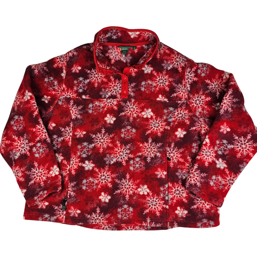 LL Bean Women's 2X Red Snowflake Fleece Snap Pullover Jacket Mock Neck Pockets